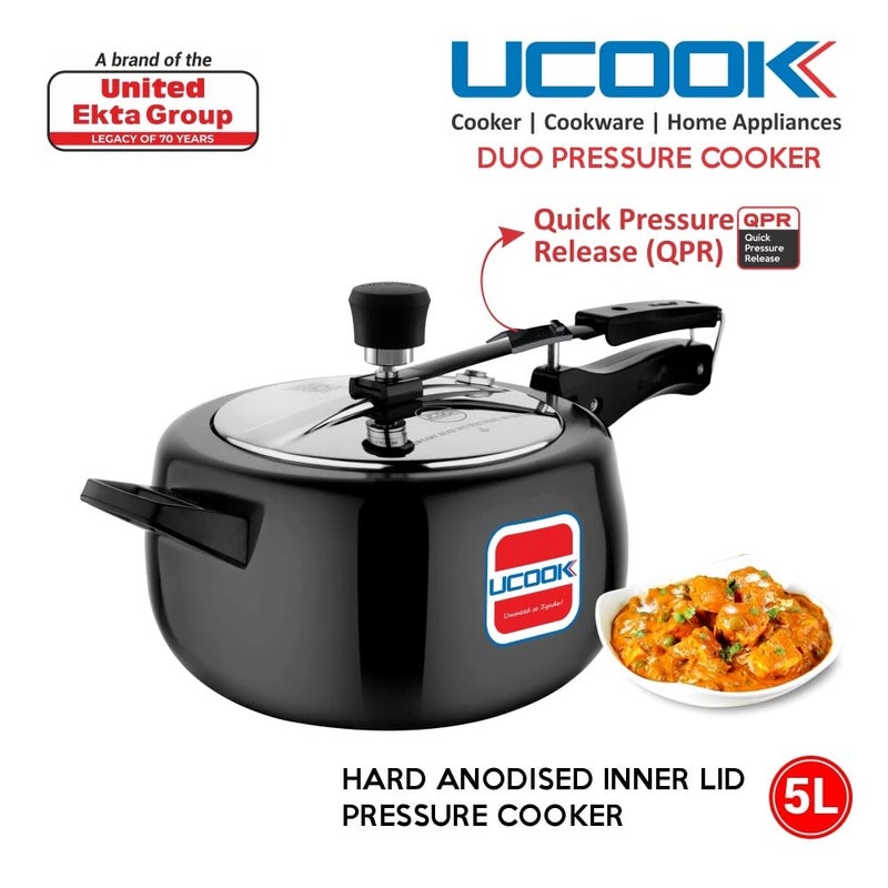 Ucook By United Ekta Engg Royale Duo 5 Litre Hard Anodised Aluminium Inner Lid Induction Pressure Cooker With Stainless Steel Lid Black - Image 2