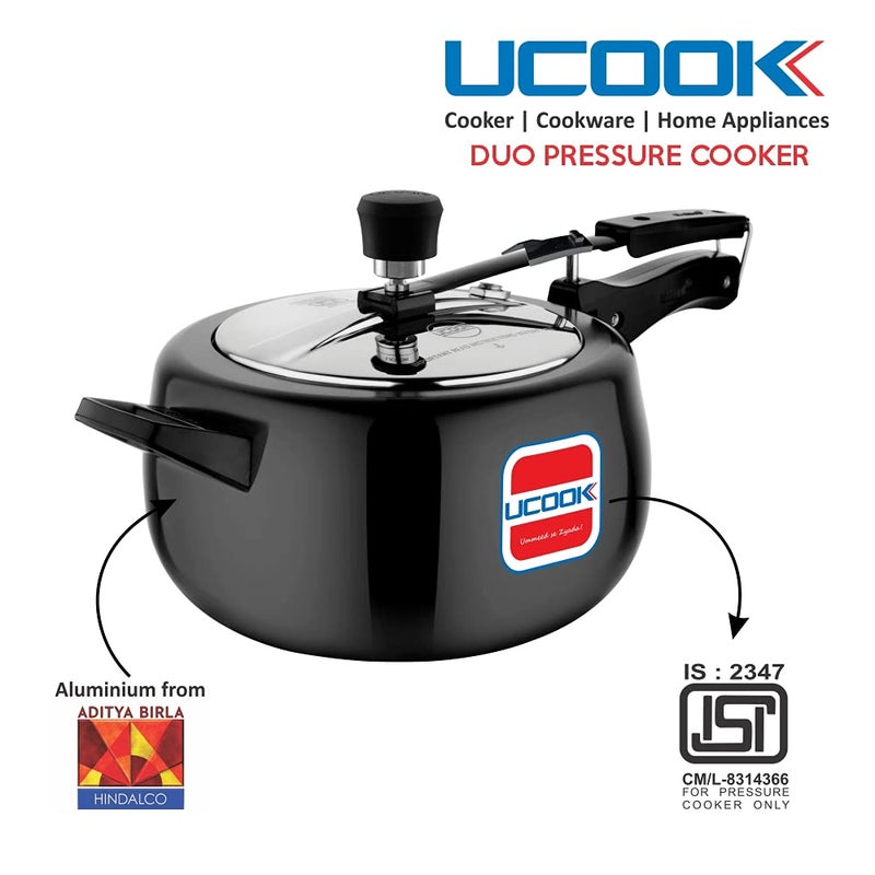 Ucook By United Ekta Engg Royale Duo 5 Litre Hard Anodised Aluminium Inner Lid Induction Pressure Cooker With Stainless Steel Lid Black - Image 4