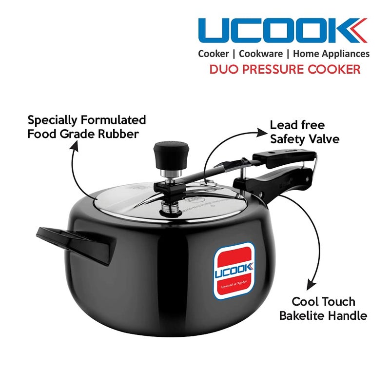 Ucook By United Ekta Engg Royale Duo 5 Litre Hard Anodised Aluminium Inner Lid Induction Pressure Cooker With Stainless Steel Lid Black - Image 5