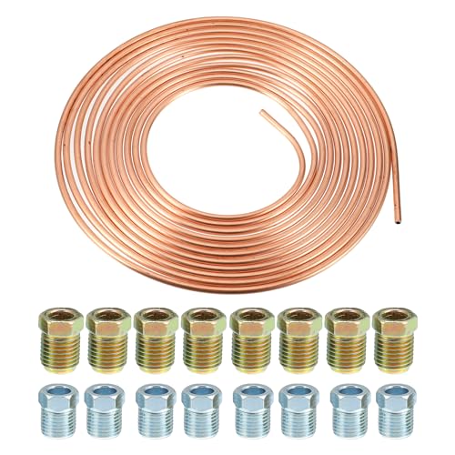 uxcell 1 Set 25 Ft of 516 Inch OD Brake Line Tubing Kit Flexible Copper Coated Brake Line Tube Roll Coil with 16 Inverted Flare Fittings - Image 1