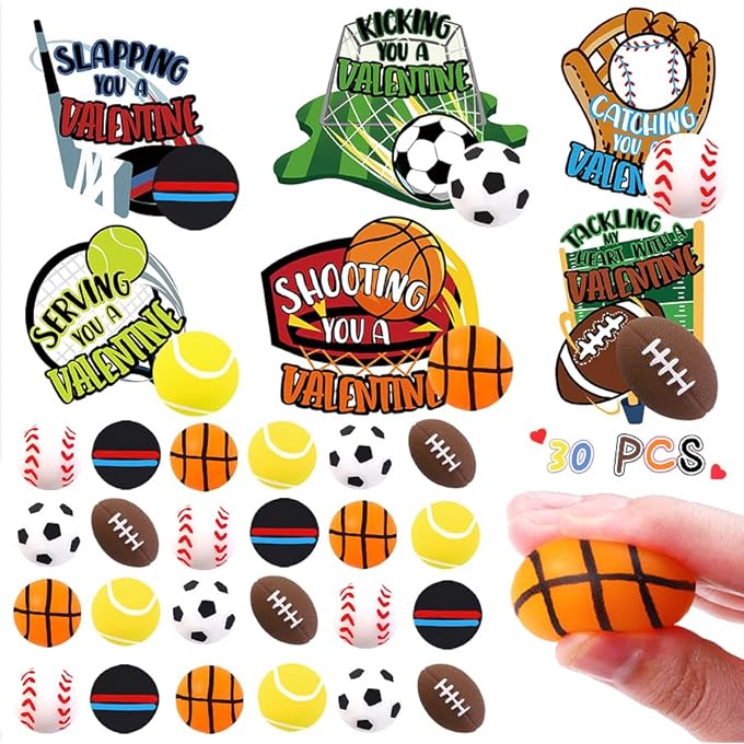 Vellibring 30 Pack Valentines Sport Balls with Present Cards Goodie Bags Bulk Mini Stress Relief Squeeze Sports Balls for School Classl Game Prizes Kids Toys Presents Exchange Party Favors - Image 1