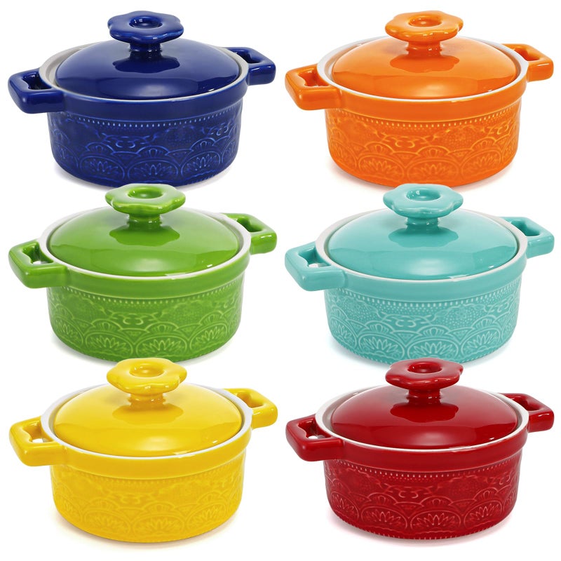 Hacaroa Set of 6 Mini Cocotte with Lid, 8 Oz Ceramic Ramekins with Handles, Small Casserole Dishes Individual Serving Pot for Baking, SoufflÃ©, Soup, Cobbler, Oven Safe, 6 Colors - Image 1