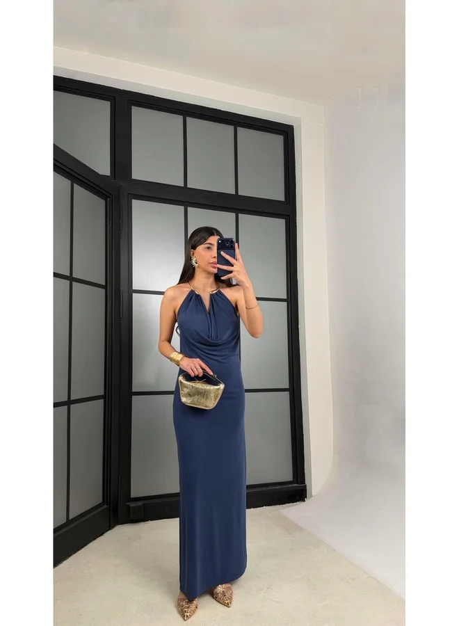 GAUS Navy Blue Necklace Detailed Premium Modal Fabric Dress GAUS-01367.