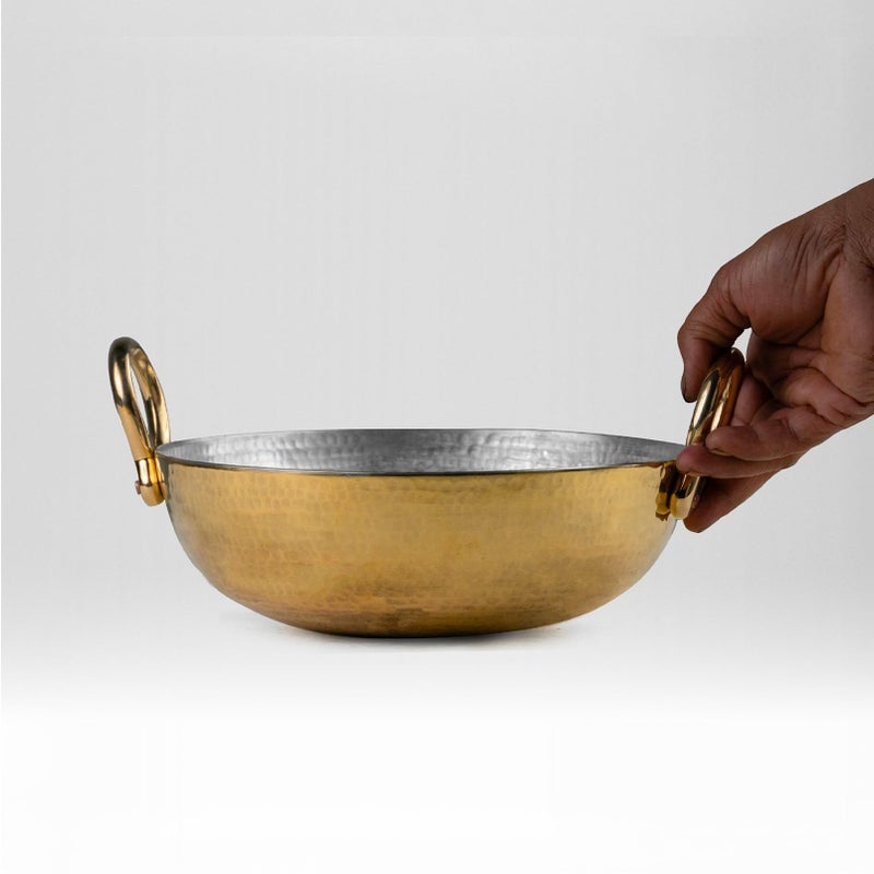 Healthsmith Healthsmith - Pure Brass Kadai for Cooking with Handles - Strong & Durable - Best Heat Distribution & Handcrafted Golden Antique Finish - Natural Antibacterial Properties - 3.5L, 1850g  - Image 3
