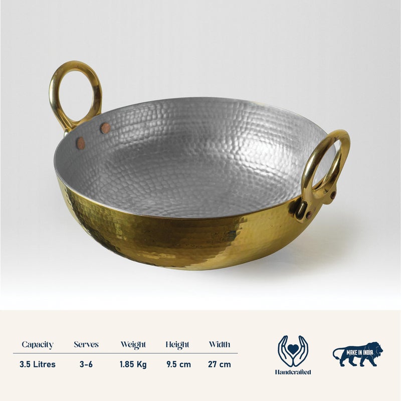 Healthsmith Healthsmith - Pure Brass Kadai for Cooking with Handles - Strong & Durable - Best Heat Distribution & Handcrafted Golden Antique Finish - Natural Antibacterial Properties - 3.5L, 1850g  - Image 2