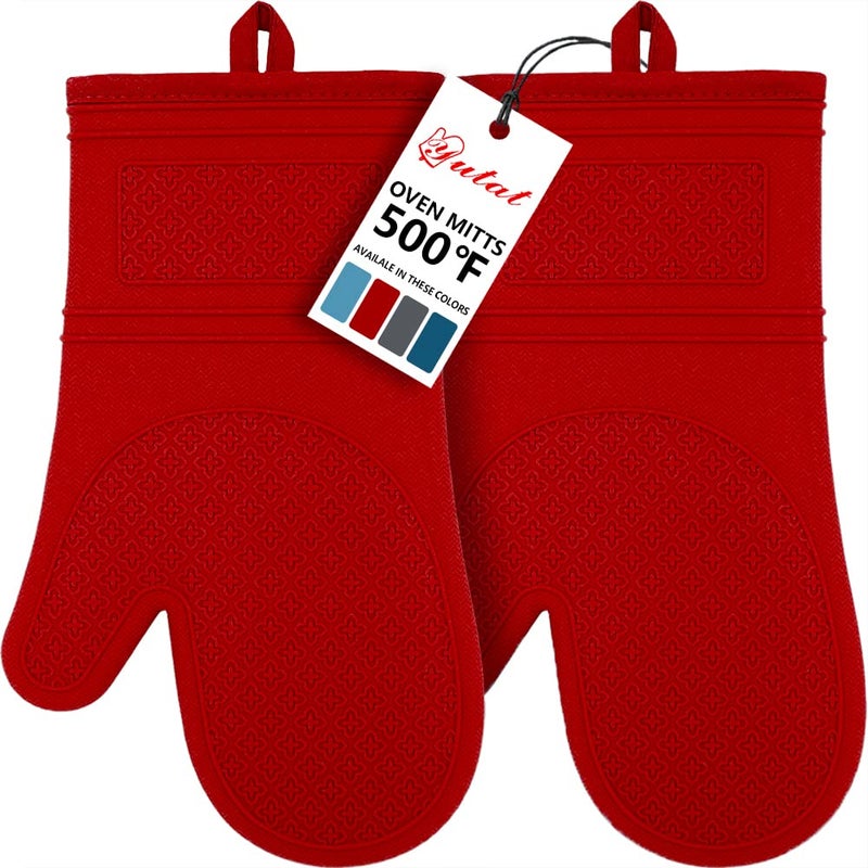 Yutat Silicone Oven Mitts Oven Gloves with NonSlip Silicone 600 Degree Heat Resistant Soft Cotton Lining Waterproof and BAPFree Oven Mitts for Cooking and Baking  1 Pair 12 Inch Red