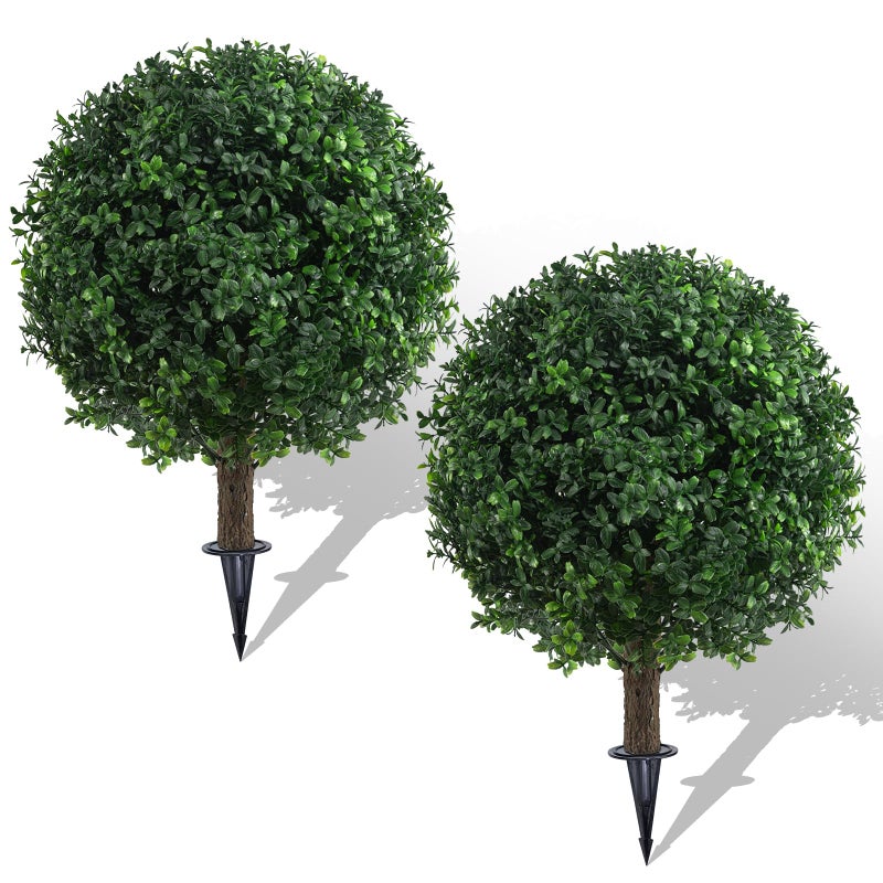 AOKIIE Set of 2 Artificial Boxwood Topiary Ball Trees for Outdoor with Ground Spike 22 UV Resistant Faux Greenery Shrubs Fake Boxwood Plants for Indoor Garden Yard Porch Patio Decor