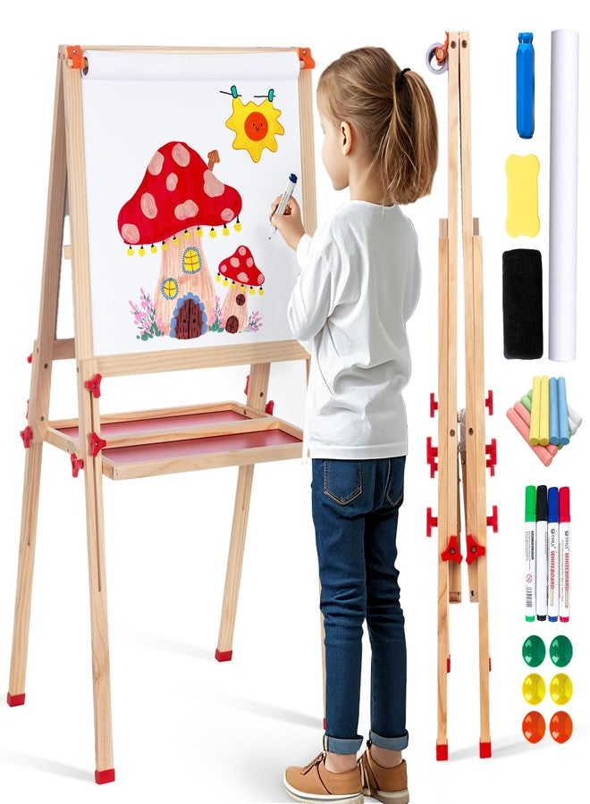 حامل رسم خشبي قابل للتعديل للأطفال، حامل رسم سريع الطي للأطفال مع لفة ورق وملحقات، حامل رسم مزدوج الجوانب للأطفال الصغار من 3 إلى 10 سنوات، هدايا ومستلزمات رسم مثالية للأولاد والبنات - Image 1