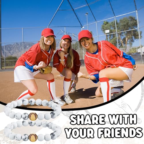 Ecation 12 Sets Softball Bracelets Team Gift 8mm Natural Lave Stone Beaded Adjustable Bracelets with Inspirational Card for Men Women Birthday Softball Wristbands Team Party Favors(White) - Image 4