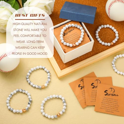 Ecation 12 Sets Softball Bracelets Team Gift 8mm Natural Lave Stone Beaded Adjustable Bracelets with Inspirational Card for Men Women Birthday Softball Wristbands Team Party Favors(White) - Image 3