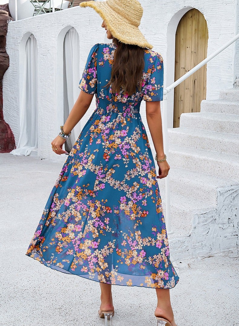 general 2025 Spring/Summer Elegant Printed Waist-Skimming Short-Sleeved Dress - Image 3