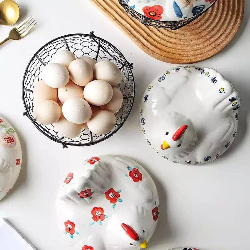 Jenny Ceramic Chicken Egg Holder - Decorative Wire Egg Storage Basket with Ceramic Chicken Lid for Kitchen Countertop - Image 5