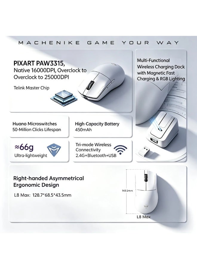 Machenike L8 Max Wireless Gaming Mouse With Charging Dock, PAW3315 25000 DPI, Wired Bluetooth 2.4G Tri-Mode, 66g Ultra-light Lightweight, Ergonomic Design, Rechargeable - Image 5
