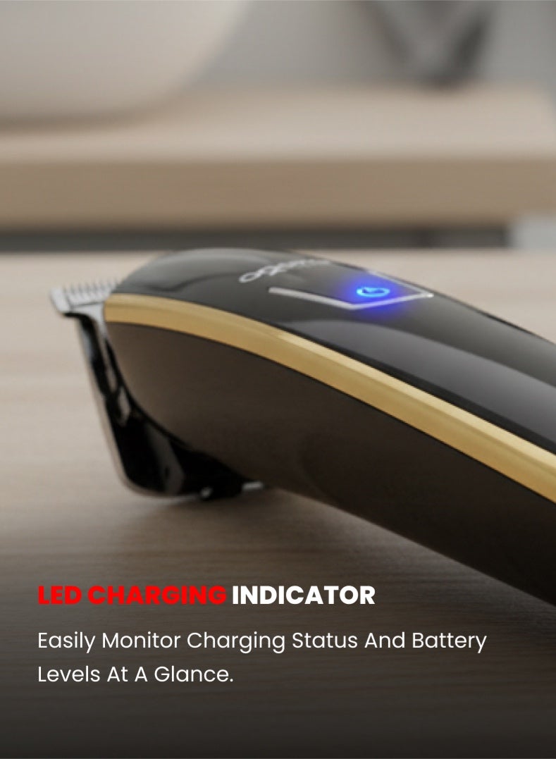 أوجيرا ماكينة حلاقة شعر قابلة لإعادة الشحن | زمن تشغيل 90 دقيقة | شفرات من الستانلس ستيل | بطارية ليثيوم 600 مللي أمبير | مؤشر شحن LED | شحن سريع Type-C | ماكينة حلاقة بدون سلك للرجال | موديل OG2000HT | أسود وذهبي | ضمان سنتين - Image 5