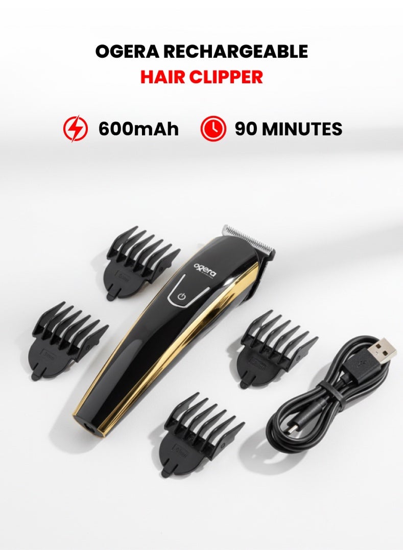 أوجيرا ماكينة حلاقة شعر قابلة لإعادة الشحن | زمن تشغيل 90 دقيقة | شفرات من الستانلس ستيل | بطارية ليثيوم 600 مللي أمبير | مؤشر شحن LED | شحن سريع Type-C | ماكينة حلاقة بدون سلك للرجال | موديل OG2000HT | أسود وذهبي | ضمان سنتين - Image 1