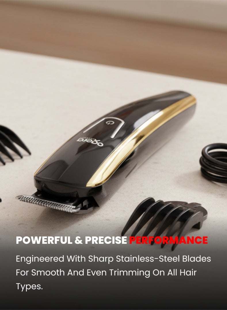 أوجيرا ماكينة حلاقة شعر قابلة لإعادة الشحن | زمن تشغيل 90 دقيقة | شفرات من الستانلس ستيل | بطارية ليثيوم 600 مللي أمبير | مؤشر شحن LED | شحن سريع Type-C | ماكينة حلاقة بدون سلك للرجال | موديل OG2000HT | أسود وذهبي | ضمان سنتين - Image 3