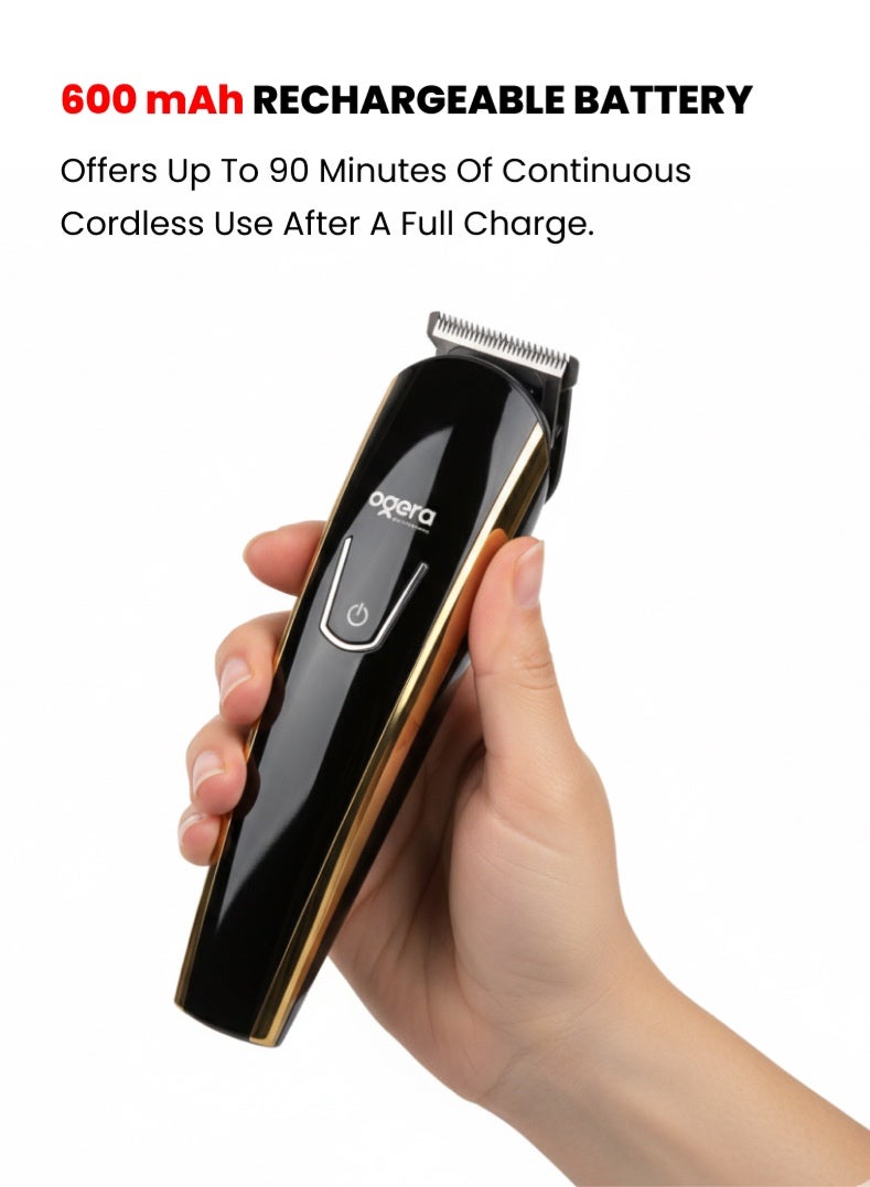 أوجيرا ماكينة حلاقة شعر قابلة لإعادة الشحن | زمن تشغيل 90 دقيقة | شفرات من الستانلس ستيل | بطارية ليثيوم 600 مللي أمبير | مؤشر شحن LED | شحن سريع Type-C | ماكينة حلاقة بدون سلك للرجال | موديل OG2000HT | أسود وذهبي | ضمان سنتين - Image 2