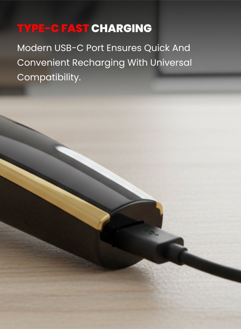 أوجيرا ماكينة حلاقة شعر قابلة لإعادة الشحن | زمن تشغيل 90 دقيقة | شفرات من الستانلس ستيل | بطارية ليثيوم 600 مللي أمبير | مؤشر شحن LED | شحن سريع Type-C | ماكينة حلاقة بدون سلك للرجال | موديل OG2000HT | أسود وذهبي | ضمان سنتين - Image 4