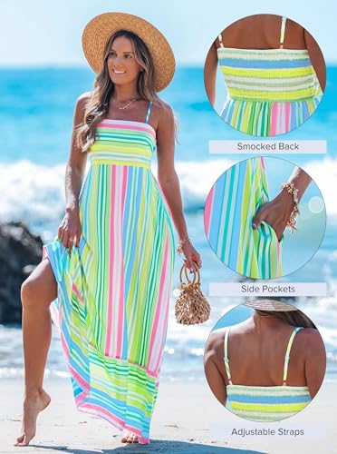 popvil Women Summer Maxi Dress 2026 Spaghetti Strap Long Beach Dress A-Line Flowy Casual Sleeveless Striped Vacation Sun Dress(Rainbow Blue,Medium) - Image 4