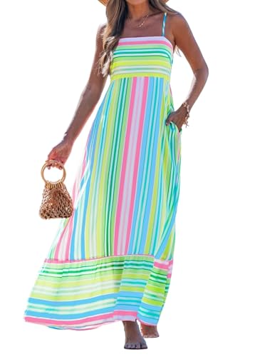 popvil Women Summer Maxi Dress 2026 Spaghetti Strap Long Beach Dress A-Line Flowy Casual Sleeveless Striped Vacation Sun Dress(Rainbow Blue,Medium) - Image 1