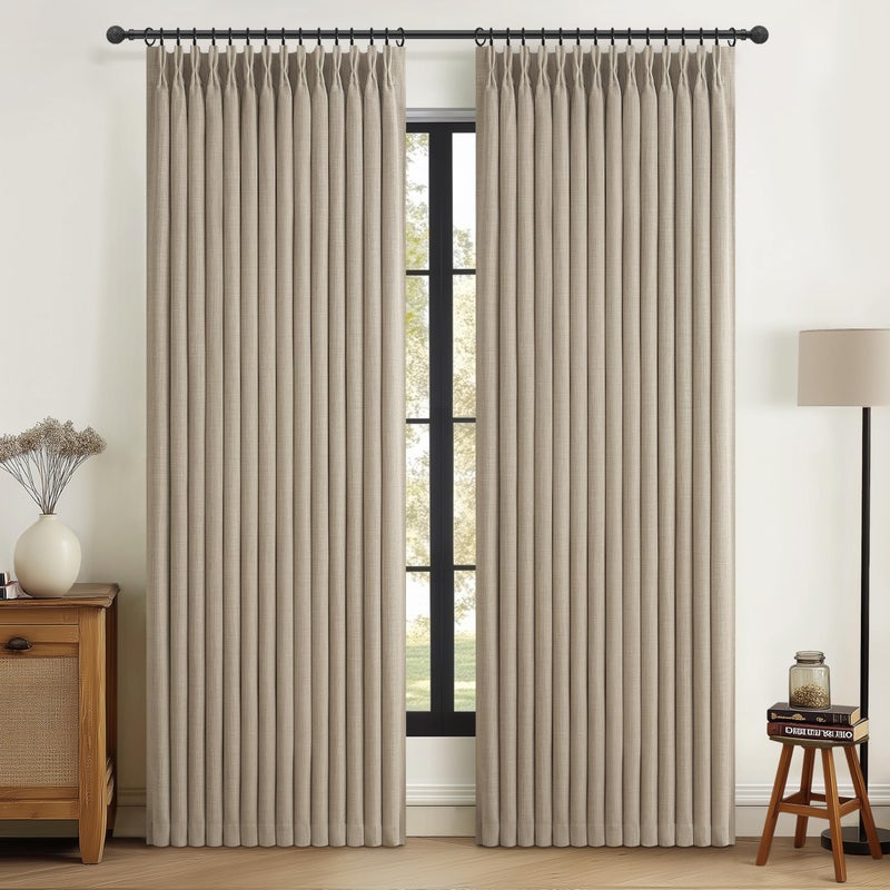 PleatedDrapes ستائر معتمة من خشب البتولا من PleatedDrapes، طولها 86 بوصة، مثالية لغرف نوم الأطفال. ستائر فريدة من نوعها، ذات طبقتين من الكتان الثقيل، عازلة للصوت، مناسبة للنوافذ الكبيرة بطول 84-86 بوصة، قطعتان، لون رمادي وبيج. - Image 1