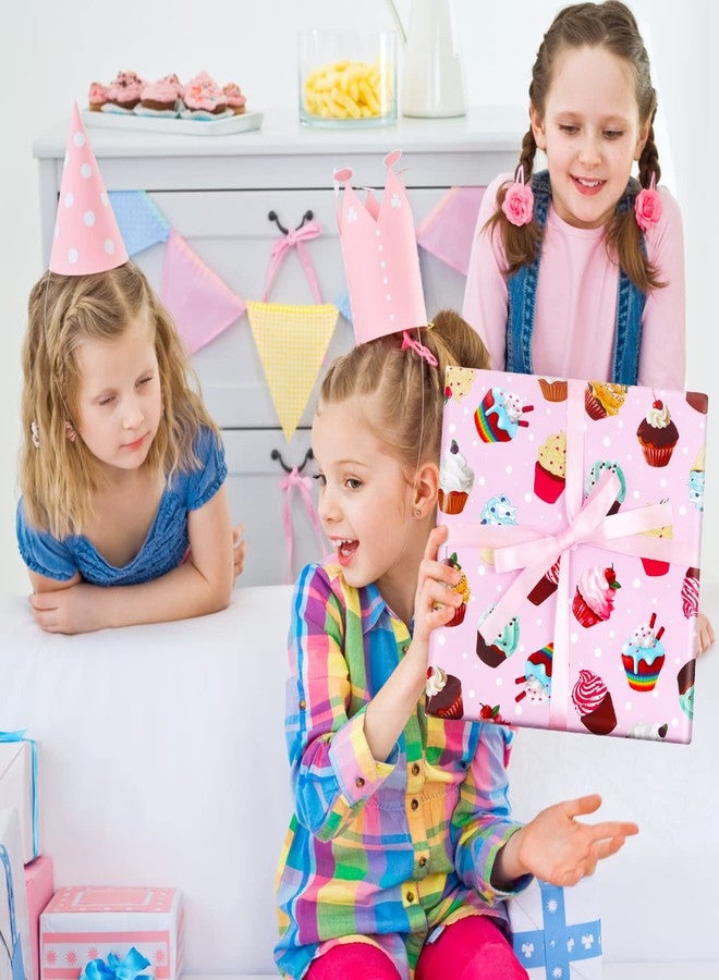 AircooL Birthday Wrapping Papers, 7 Sheets Pink Cupcake Muffin Printed Pattern Gift Wrap Papers, 20 x 28 inch Per Sheet Folded Flat with 1 Roll Pink Ribbon for Kids Girls Boys Birthday Baby Shower - Image 5