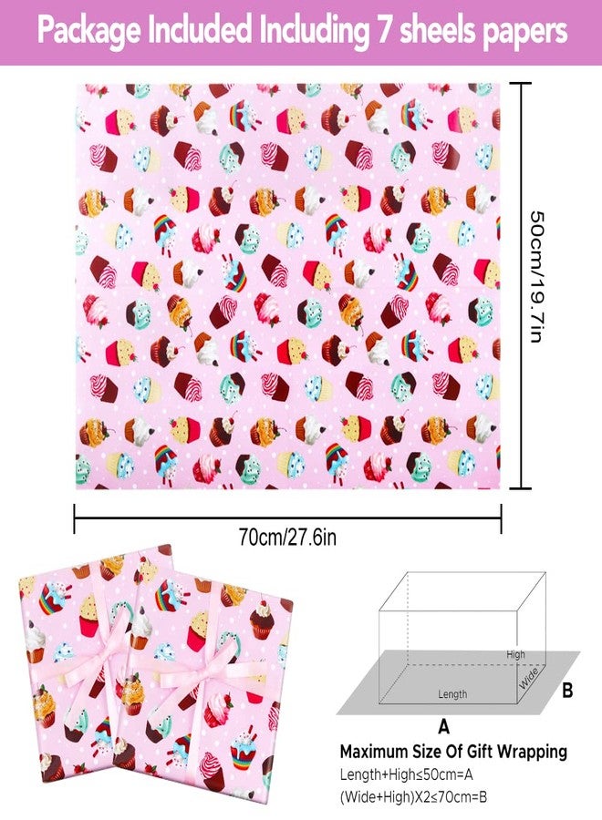 AircooL Birthday Wrapping Papers, 7 Sheets Pink Cupcake Muffin Printed Pattern Gift Wrap Papers, 20 x 28 inch Per Sheet Folded Flat with 1 Roll Pink Ribbon for Kids Girls Boys Birthday Baby Shower - Image 2