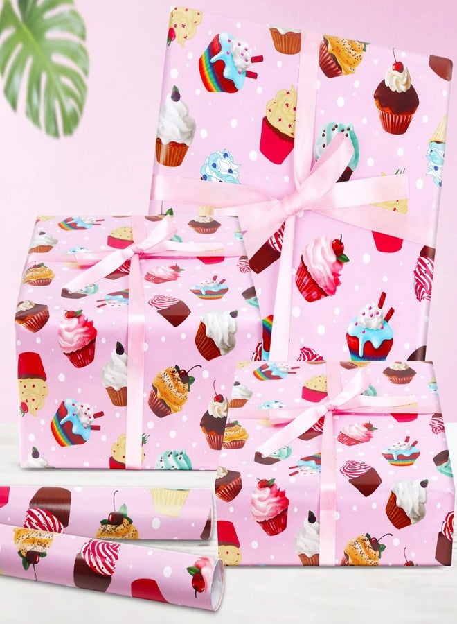AircooL Birthday Wrapping Papers, 7 Sheets Pink Cupcake Muffin Printed Pattern Gift Wrap Papers, 20 x 28 inch Per Sheet Folded Flat with 1 Roll Pink Ribbon for Kids Girls Boys Birthday Baby Shower - Image 3