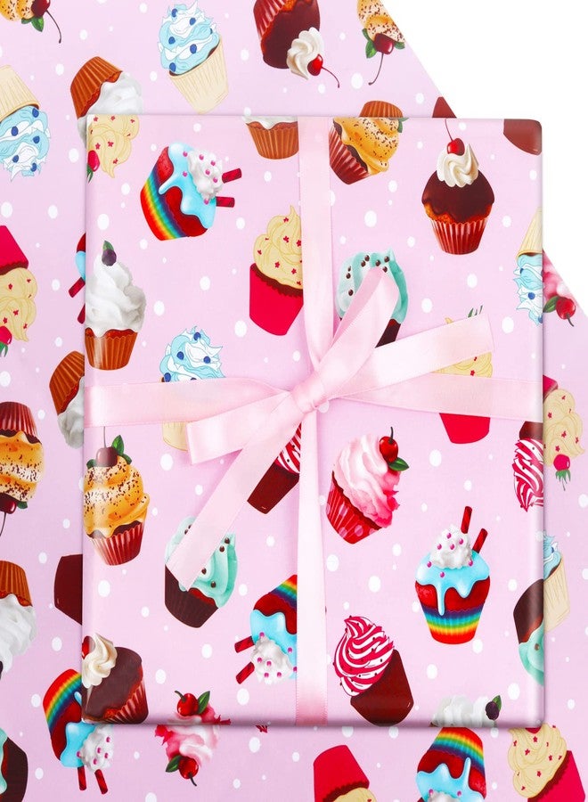 AircooL Birthday Wrapping Papers, 7 Sheets Pink Cupcake Muffin Printed Pattern Gift Wrap Papers, 20 x 28 inch Per Sheet Folded Flat with 1 Roll Pink Ribbon for Kids Girls Boys Birthday Baby Shower - Image 1