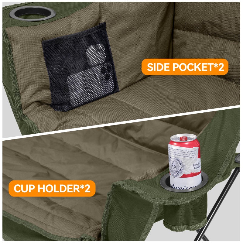 Huskfirm 3 Person Camping Chairs Folding Double Camping Chair Portable Oversized Loveseat Padded Camp Chair Heavy Duty Camping Couch for Adults Outdoor Lawn with Two Cup Holders and Carry Bag Green - Image 4