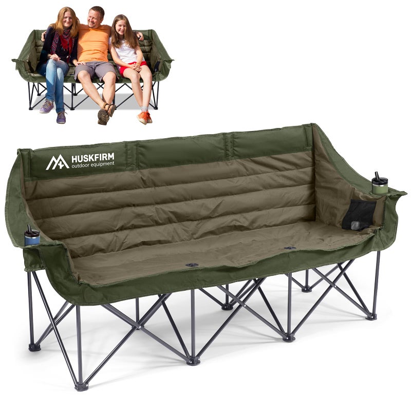 Huskfirm 3 Person Camping Chairs Folding Double Camping Chair Portable Oversized Loveseat Padded Camp Chair Heavy Duty Camping Couch for Adults Outdoor Lawn with Two Cup Holders and Carry Bag Green - Image 1