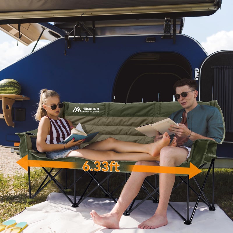 Huskfirm 3 Person Camping Chairs Folding Double Camping Chair Portable Oversized Loveseat Padded Camp Chair Heavy Duty Camping Couch for Adults Outdoor Lawn with Two Cup Holders and Carry Bag Green - Image 3