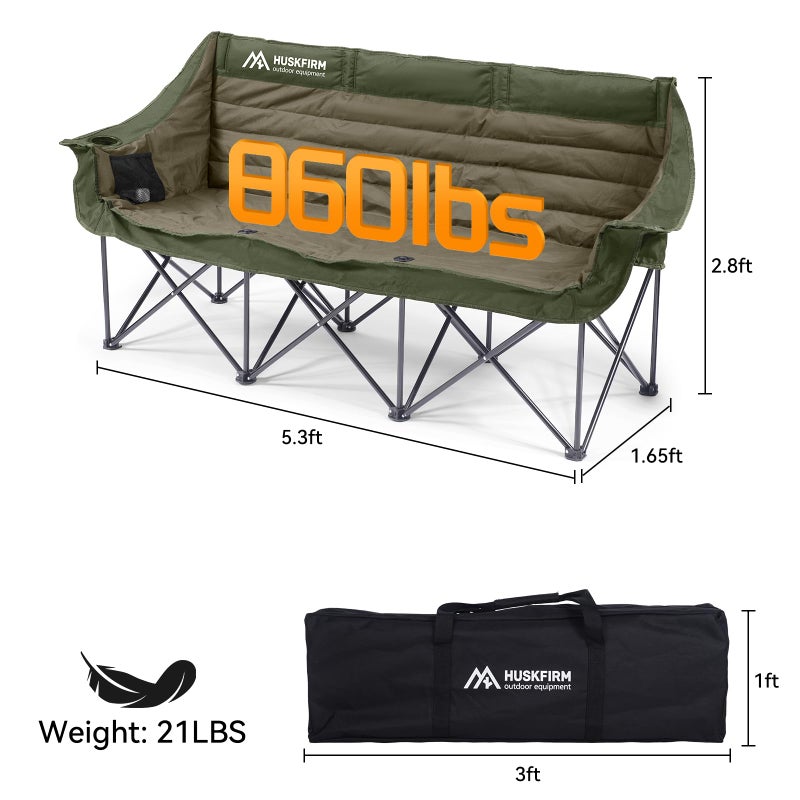 Huskfirm 3 Person Camping Chairs Folding Double Camping Chair Portable Oversized Loveseat Padded Camp Chair Heavy Duty Camping Couch for Adults Outdoor Lawn with Two Cup Holders and Carry Bag Green - Image 5