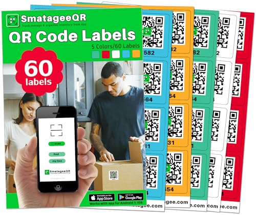 Smatagee QR Code Labels for Storage Bins,Office Organization,Moving Containers,Inventory Organizer | Pack and Track on iOS,Android App| 60 Unique Color Coded Stickers(2.6"x2.6") - Image 1