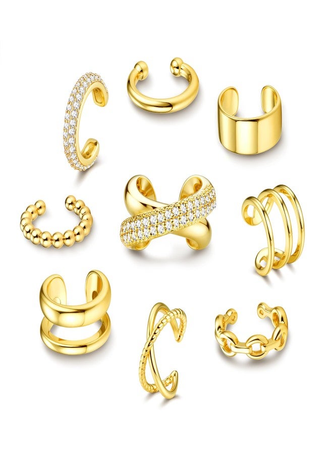 GEMQUEEN Ear Cuff Non Piercing Earrings for Women - 14K Gold/Silver Plated Chunky Ear Cuffs Earring Non Pierced Ears Clip On Adjustable Fake Cartilage Conch Helix Jewelry Set with 5A CZ, Yellow Gold - Image 1