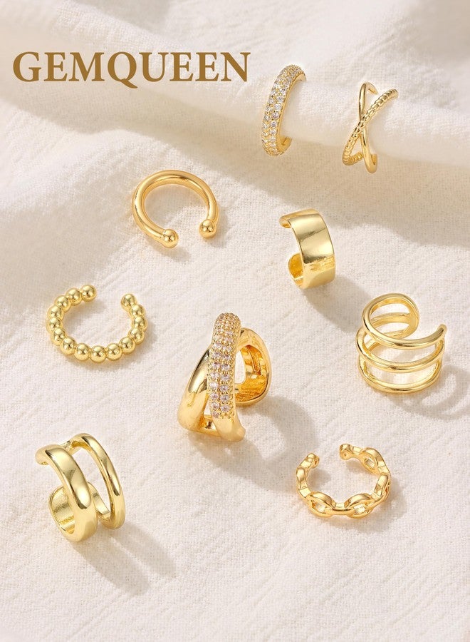 GEMQUEEN Ear Cuff Non Piercing Earrings for Women - 14K Gold/Silver Plated Chunky Ear Cuffs Earring Non Pierced Ears Clip On Adjustable Fake Cartilage Conch Helix Jewelry Set with 5A CZ, Yellow Gold - Image 3