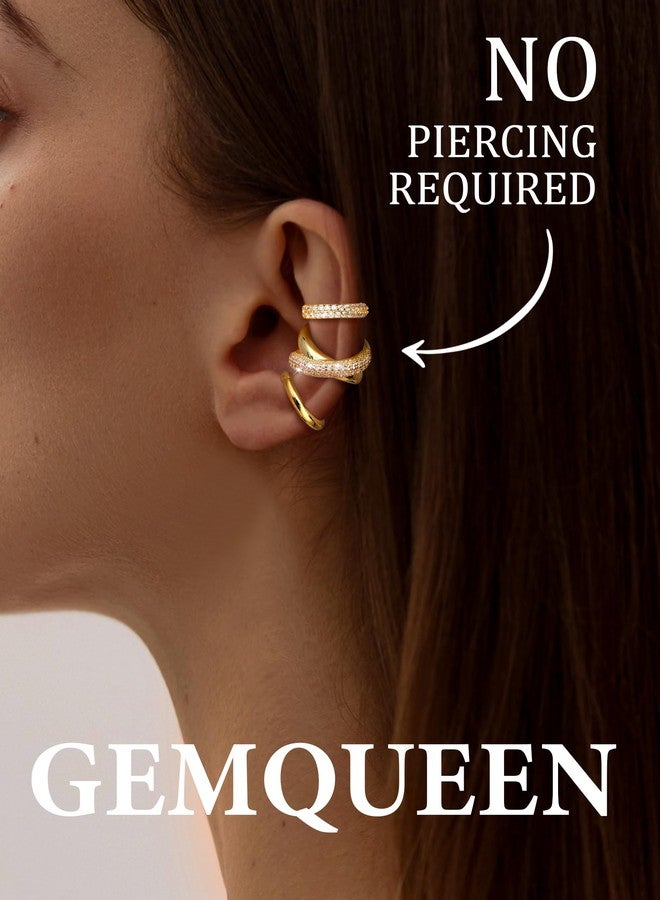 GEMQUEEN Ear Cuff Non Piercing Earrings for Women - 14K Gold/Silver Plated Chunky Ear Cuffs Earring Non Pierced Ears Clip On Adjustable Fake Cartilage Conch Helix Jewelry Set with 5A CZ, Yellow Gold - Image 5