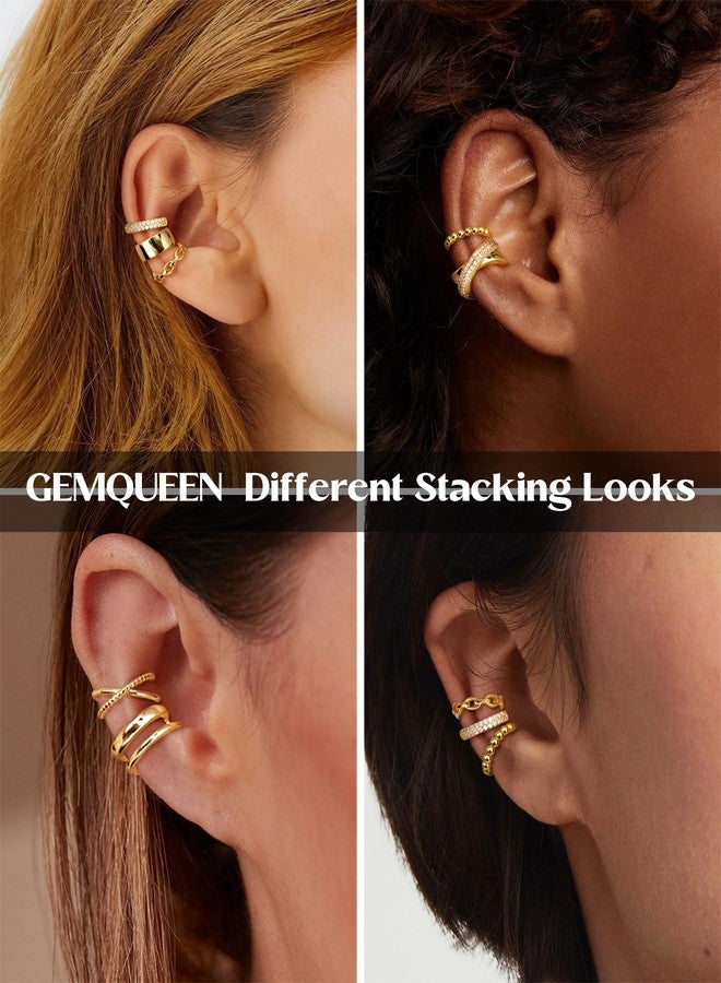 GEMQUEEN Ear Cuff Non Piercing Earrings for Women - 14K Gold/Silver Plated Chunky Ear Cuffs Earring Non Pierced Ears Clip On Adjustable Fake Cartilage Conch Helix Jewelry Set with 5A CZ, Yellow Gold - Image 2