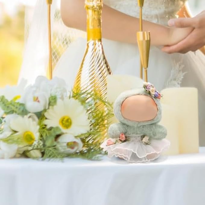ELEGANT DOLL WEDDING DRESS COSTUME SET FOR 15CM SITTING & 17CM STANDING PLUSH DOLLS, INCLUDES WHITE DRESS AND FLOWER HAIR CLIP ACCESSORIES, COMPATIBLE WITH LABUBU PLUSH DOLLS - Image 3