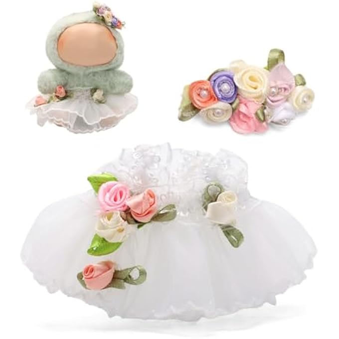 ELEGANT DOLL WEDDING DRESS COSTUME SET FOR 15CM SITTING & 17CM STANDING PLUSH DOLLS, INCLUDES WHITE DRESS AND FLOWER HAIR CLIP ACCESSORIES, COMPATIBLE WITH LABUBU PLUSH DOLLS - Image 1