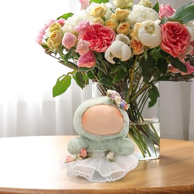 ELEGANT DOLL WEDDING DRESS COSTUME SET FOR 15CM SITTING & 17CM STANDING PLUSH DOLLS, INCLUDES WHITE DRESS AND FLOWER HAIR CLIP ACCESSORIES, COMPATIBLE WITH LABUBU PLUSH DOLLS - Image 4