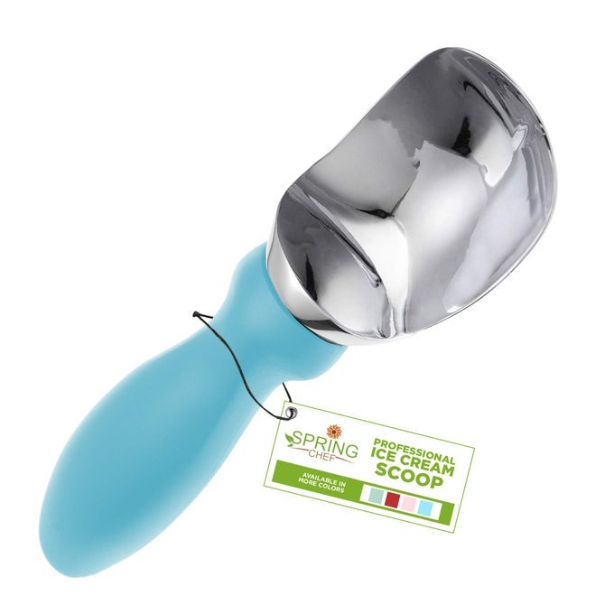 STAINLESS STEEL ICE CREAM SCOOP WITH SOFT GRIP HANDLE HEAVY DUTY ICE CREAM SCOOPER FOR FROZEN YOGURT GELATO SUNDAE MELON SUNDAE DISHWASHER SAFE PREMIUM KITCHEN TOOL AQUA SKY