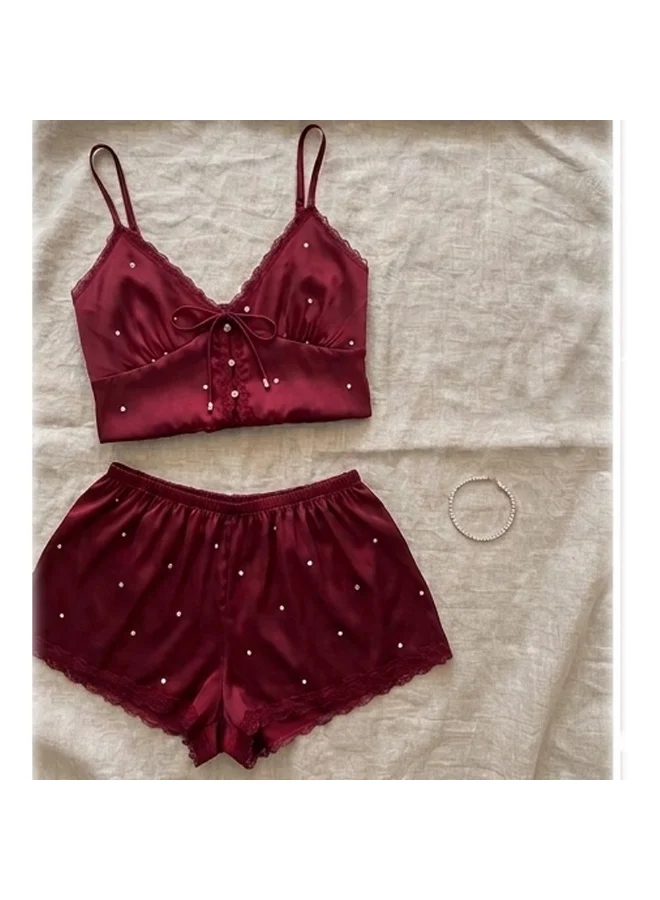 Caprisious  Rhinestone Embellished Satin Camisole & Lace-Trim Shorts Set for Women | Best Price UAE