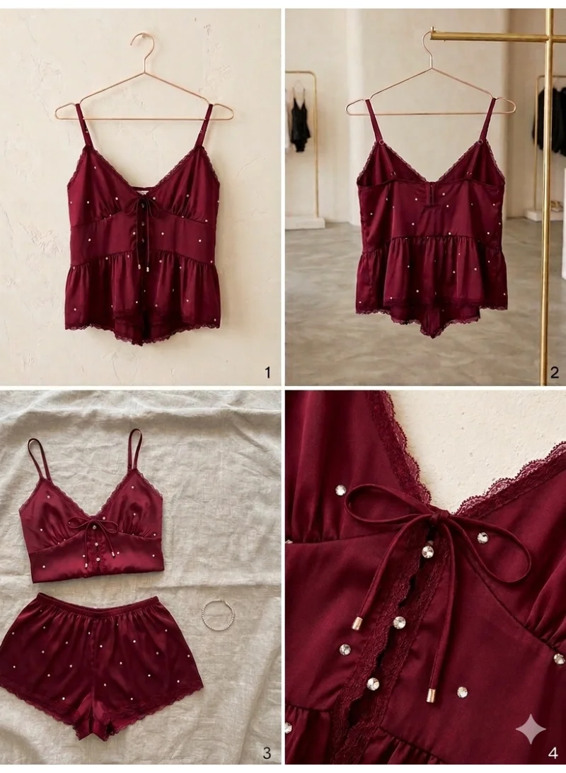 Caprisious  Rhinestone Embellished Satin Camisole & Lace-Trim Shorts Set for Women | Best Price UAE