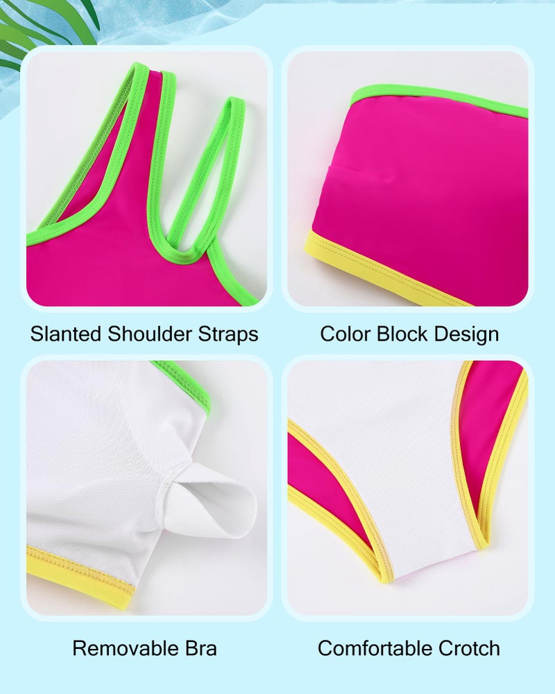 Redair Girls 2 Piece Swimsuit Teen Bathing Suits One Shoulder Pink Bikini Color Block Tankini Summer Beach - Image 4