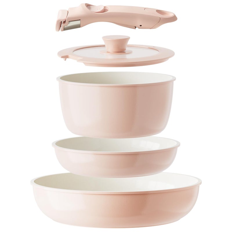 Redchef Ceramic Cookware Set, Removable Handle Pots and Pans Non-Stick, Rv Cookware Set, Non-Toxic Pots and Pans Set No PFAS, PTFE, PFOA, Detachable Pots and Pans, Dishwasher & Oven Safe (Pink) - Image 1