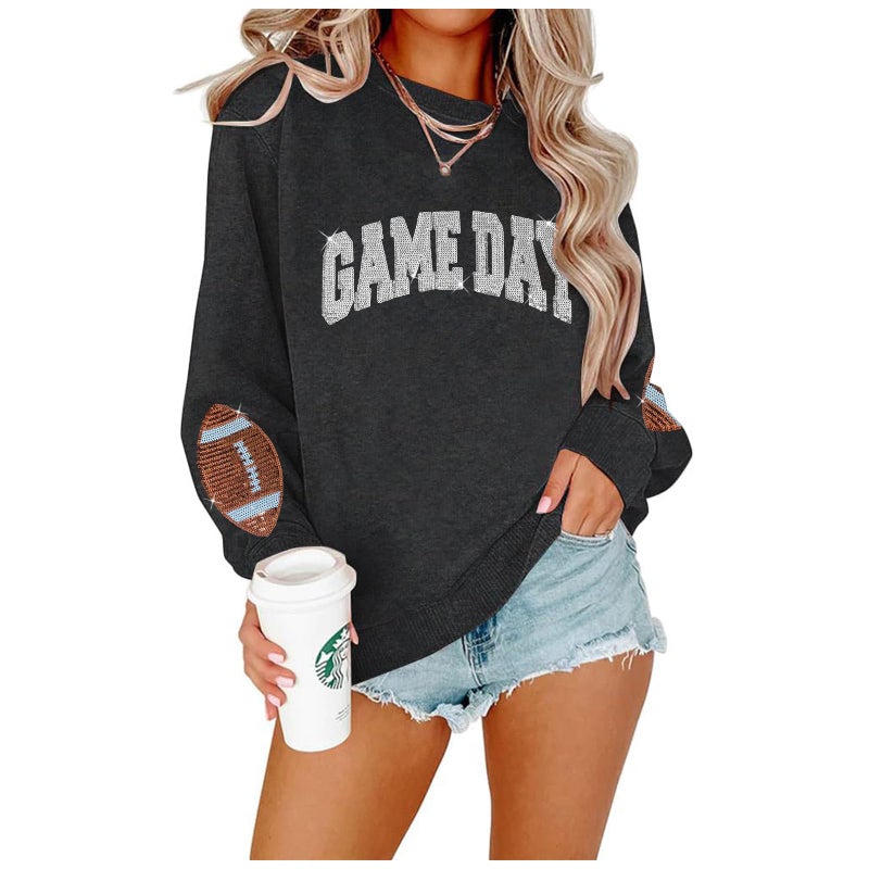 BEIDEFY Game Day Sweatshirt for Women Sequin Football Long Sleeve Shirt Crew Neck Sunday Funday Pullover Tops Dark Gray - Image 1