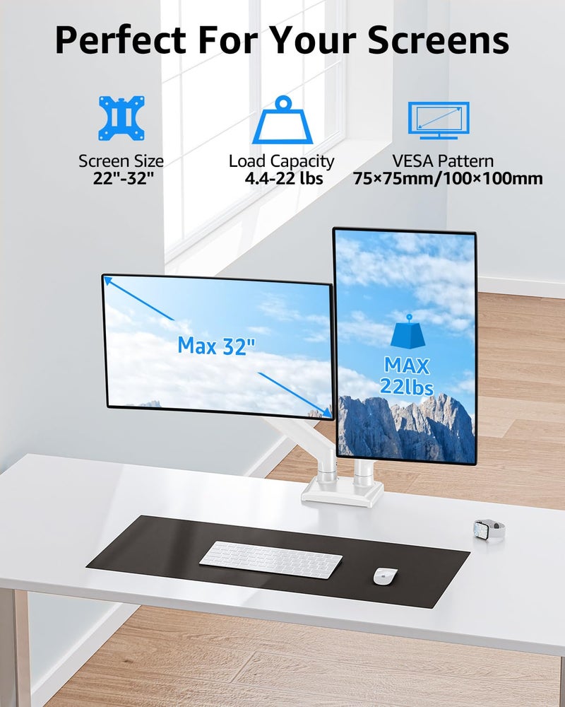 MOUNTUP Dual Monitor Stand fits up to 32 inch, 4.4-22 lbs Computer Screens, Dual Monitor Desk Mount Height Adjustable, Monitor Arms for 2 Monitors, Home Office VESA Mounts, Freelift White - Image 2