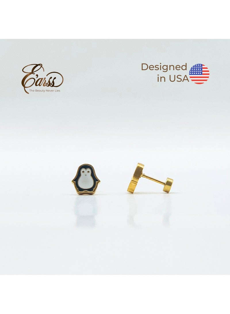 Earss Penguin Stud Earrings For Kids, Gold Plated - Image 2