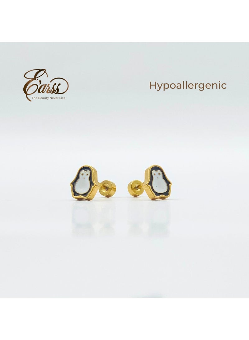 Earss Penguin Stud Earrings For Kids, Gold Plated - Image 3